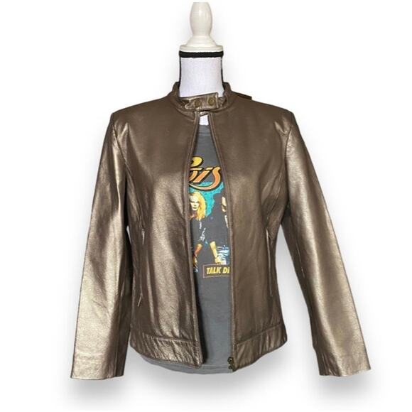 Vintage Leather Moto Jacket Wmn's Sz S Metallic Gold Biker Edgy Minimalist - Picture 1 of 11
